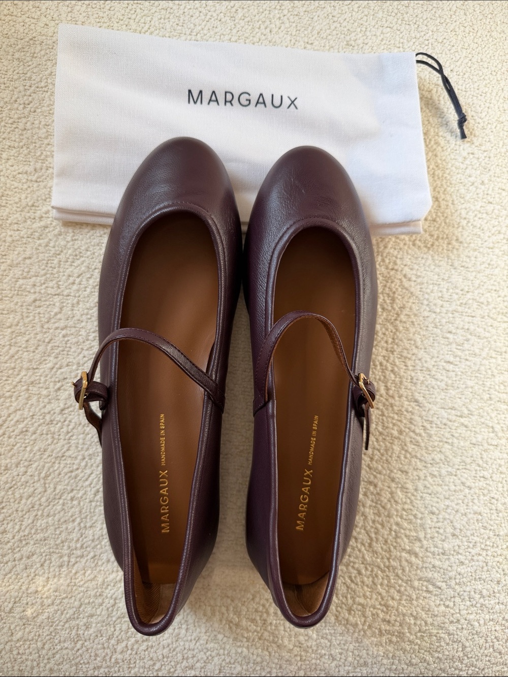 Margaux Plum Leather Mary Jane Flats with Gold Buckles - Picture 1 of 4